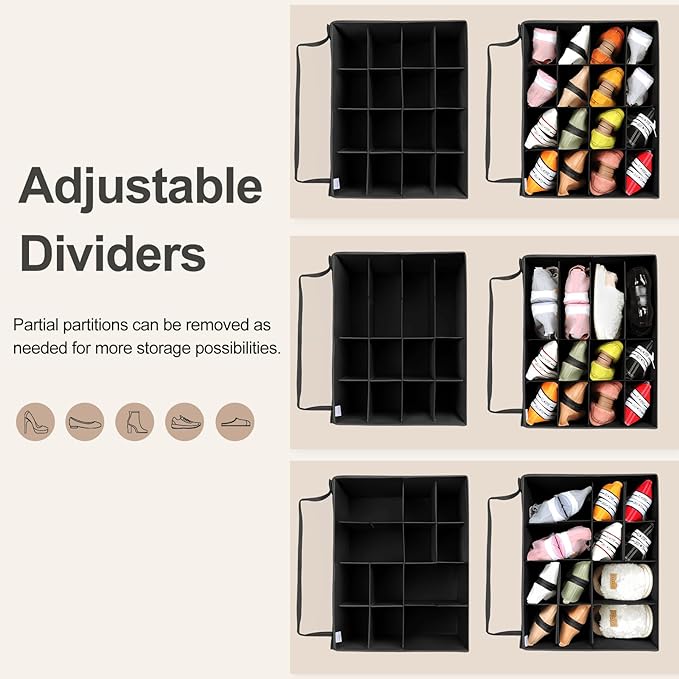 Shoe Organizer for Closet, Foldable Shoe Box with Adjustable Dividers and Clear Cover, Space Saving Shoe Storage Organizer Cabinet with Reinforced Handles, Fits 16 Pairs, Black, TP09B
