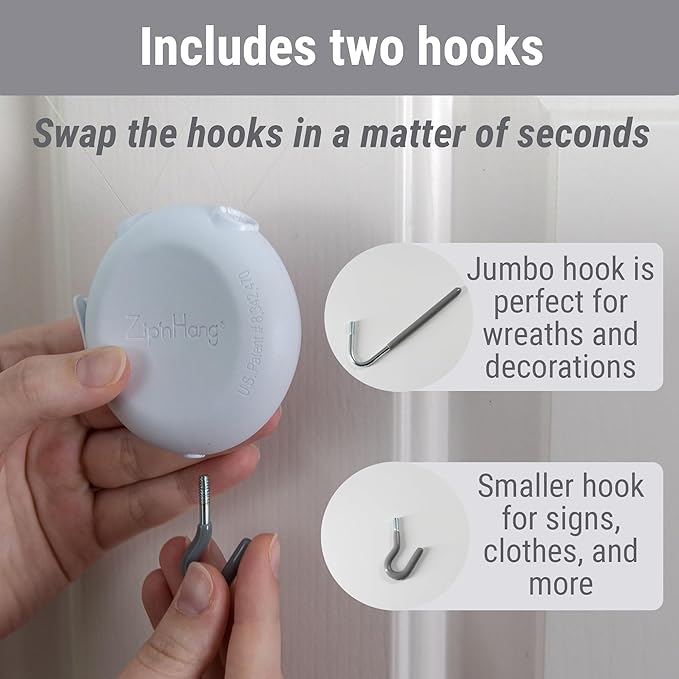 Zip 'n Hang Wreath Hanger for Front Door – Damage Free Adjustable Door Wreath Hanger for Glass, Screen & Standard Doors, Christmas Wreath & Decor Hook (White - 3 Pack)