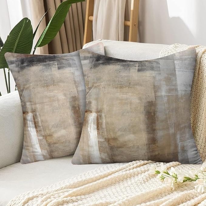 Grey and Beige Abstract Art Artwork Pillow Cover, Gallery Modern Decorative Throw Pillows Cushion Cover for Bedroom Sofa Living Room 16 x 16 Inch Set of 2