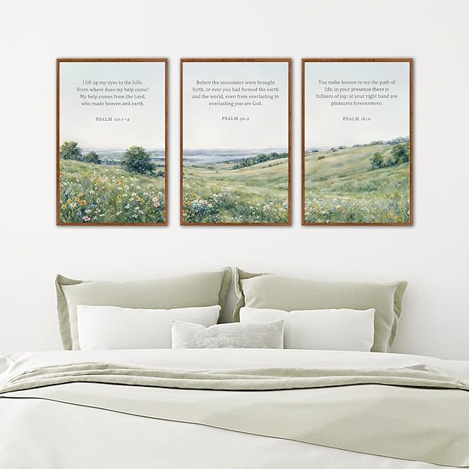 KAlRNE Natural Christian Framed Canvas Wall Art Set of 3(24”X36”),Religious Bible Verse Wall Decor,Vintage Inspirational Scripture Painting,Botanical Green Art Prints For Living Room Bedroom Church