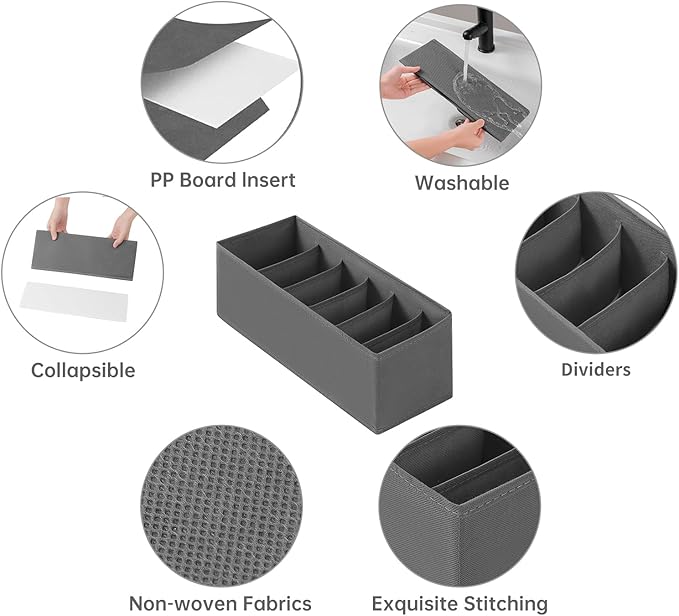 3 Packs Fabric Belt Organizer, 6 Grids Belt Organizer for Closet and Drawer, Foldable Dresser Drawer Organizers, Tie Storage -Dark Grey