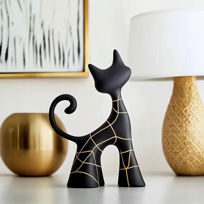 Octdays Modern Cat Statue Decor, Matte Black Abstract Cat Figurine with Hand-Painted Lines, Unique Resin Sculpture for Living Room, Bookshelf, Office, Minimalist Home Decor Gift for Cat Lovers