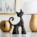 Octdays Modern Cat Statue Decor, Matte Black Abstract Cat Figurine with Hand-Painted Lines, Unique Resin Sculpture for Living Room, Bookshelf, Office, Minimalist Home Decor Gift for Cat Lovers