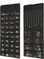 48 Pockets Hanging Jewelry Organizer with Necklace Straps, Double-Sided Black Closet Jewelry Holder for Space-Saving Storage of Earrings, Bracelets & Necklaces