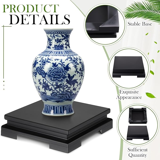 Chunful 2 Pcs Square Wooden Display Stand 6.7 x 6.7 x 2 Inch Wood Vase Display Base Black Pedestal Stand Square Vase Riser for Vases Teapot Trophy Collectibles Aquarium Lamp Home Decoration