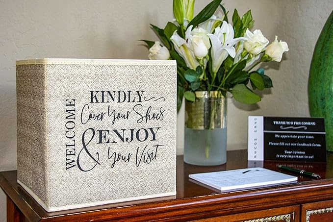 Shoe Cover Box - Welcome Guests to Please Cover Shoes. Indoor Foldable Storage Bin to Fill w/your Favorite Booties. For Homeowner, Real Estate Agent, Realtor Open House Supplies | 1 Beige & Black