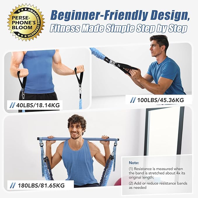 Upgraded Pilates Bar Kit with Resistance Bands Natural Latex for Women & Men, Heavy-Duty Stainless Steel Multifunctional Yoga Pilates Stick for Home Gym Exercise Fitness Equipment Full-Body Workouts