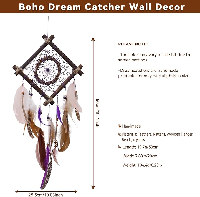 Rattan Dream Catchers with Peacock Feather, Boho Wall Decor Rustic Wooden Native American Wall Art for Bedroom Living Room (Purple Brown)