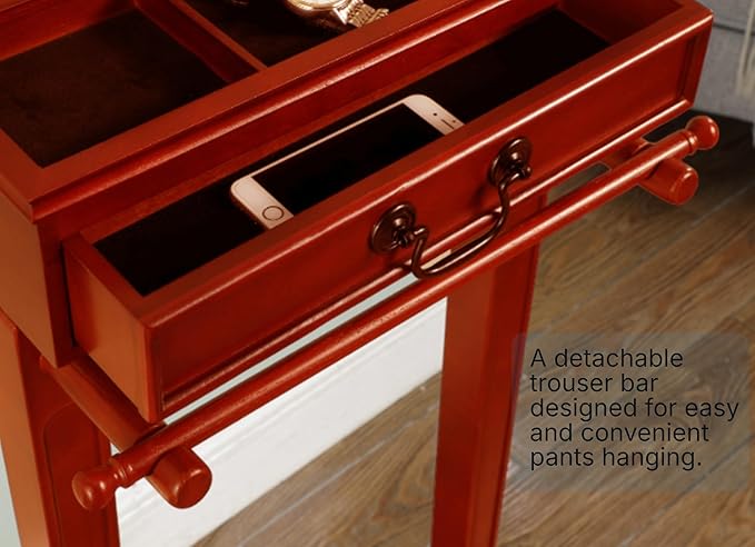 Proman Products Bombay Suit Valet Stand VL26700 with Drawer, Top Tray, Contour Hanger, Trouser Bar, and Shoe Rack, 18" W x 16" D x 48" H, Cherry