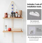 Macrame Hanging Shelf Boho Wall Decor - 2 Tier Handmade Cotton Rope & Rustic Wood Floating Shelves with Evil Eye Charms, Display Photos Plants, Bohemian Storage for Living Room, Bathroom