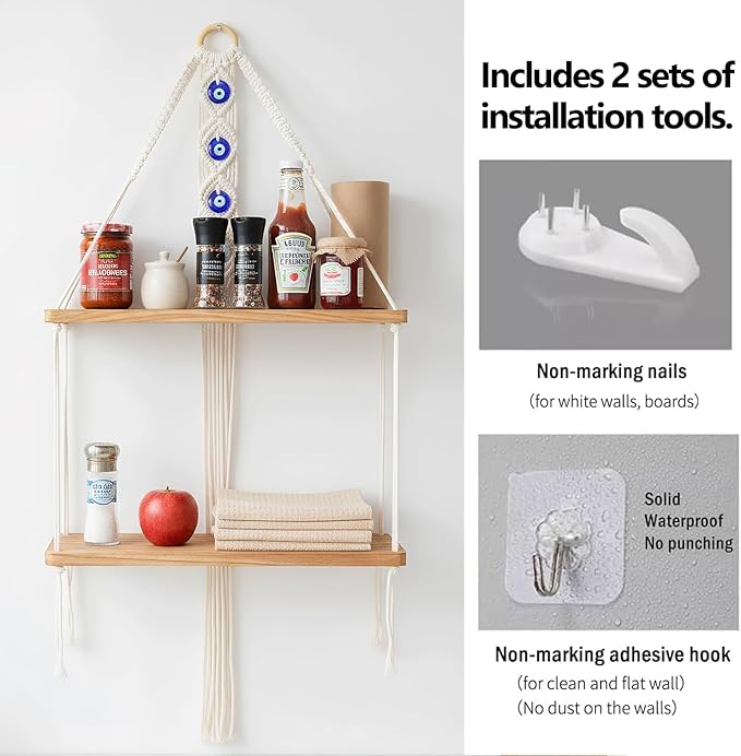 Macrame Hanging Shelf Boho Wall Decor - 2 Tier Handmade Cotton Rope & Rustic Wood Floating Shelves with Evil Eye Charms, Display Photos Plants, Bohemian Storage for Living Room, Bathroom