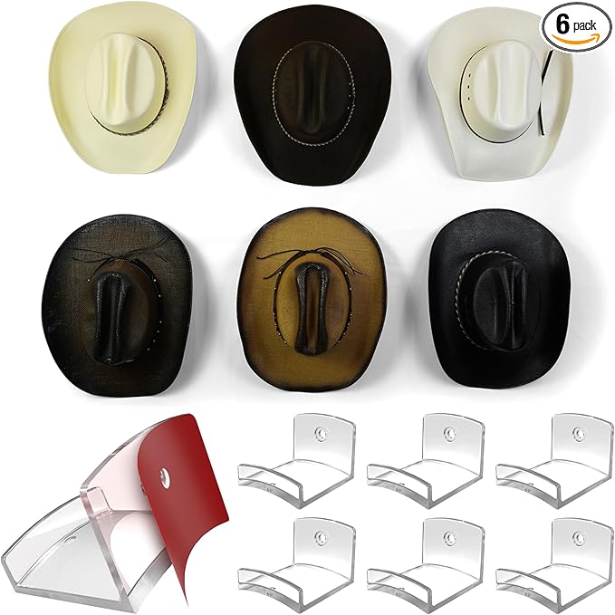 Modern JP Adhesive Hat Hooks for Wall (6-Pack) - Cowboy Hat Rack, Wide Brim Hat Organizer, Strong Hold Hat Hangers for Wall - Clear