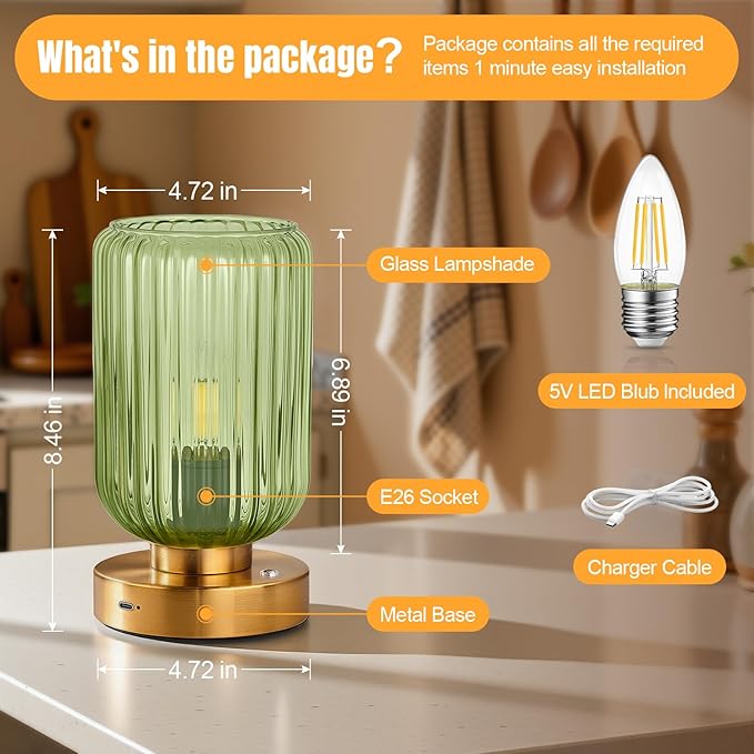 LightRound Cordless Table Lamp for Bedroom, 7500mAh Rechargeable Battery Operated Lamp, Modern Touch Dimmable Wireless Lamp Gold Base Green Glass Shade for Living Room, Desk, Led Bulb Included