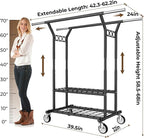 Heavy Duty Clothes Rack, Rolling Clothing Rack With Shelves Load 620 LBS, Double Rod Clothing Racks for Hanging Clothes, Portable& Adjustable Clothes Rack with Wheels,Black
