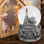LED Music Snow Globe Vintage Eiffel Tower Buildings Embedded Carousel Retro Home Decoration for Book Shelf Cabinet Floating Board Office Desk Table Top Decor Centerpieces Ornament (Silver A)