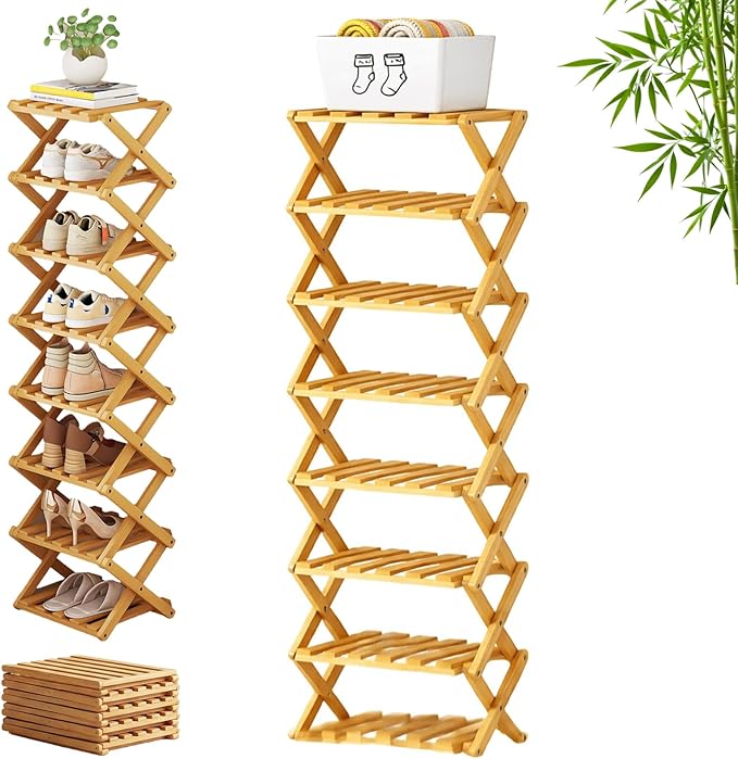 The 9-Tier No-Assembly Bamboo Rack, 3-9 Tiers Bamboo Shoe Rack, Foldable Bamboo Vertical Shoe Organizer, Multifunctional & Space-Saving, For Entryway, Closet, Corner, Bedroom, Hallway (Wood, 8Tiers)