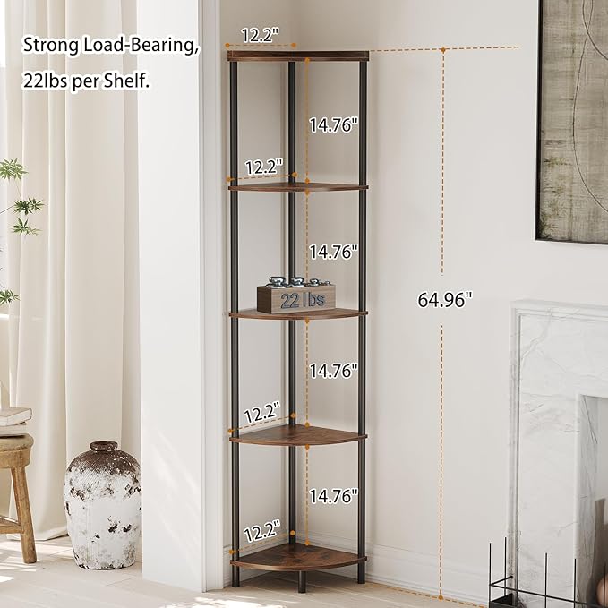 SUNMORY 5 Tier Corner Shelf Stand,Industrial 65" Corner Shelves Display Shelf for Living Room Decor,Wall Corner Bookshelf Multi Unit Organizer,Tall Shelf Plant Stand for Bedroom,Bathroom,Small Space