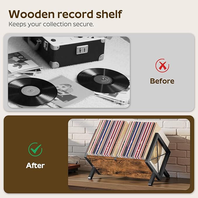YATINEY Vinyl Record Holder, Record Storage Rack Holds 80-100 LP，Wooden and Metal Record Organizer, Quick Assembly Magazine Holder for CDs, Magazine, Albums, Rustic Brown and Black CJ06BR