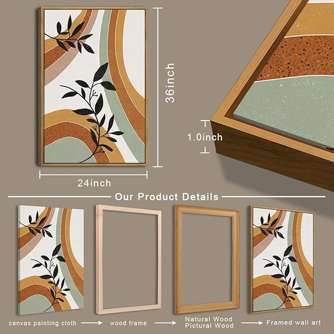 BINCUE Extra Large Boho Abstract Wall Art Abstract Line Wall Decor Mid Century Modern Artwork Boho Plants Wall Pictures Orange Abstract Paintings Orange Art Prints for Living Room Bedroom Office 24x36 Inches 3 Pieces