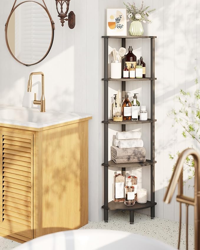 IBUYKE 5 Tier Corner Shelf Stand,Industrial Corner Display Rack,Corner Bookshelf for Living Room, Bedroom, Kitchen, Home Office, Black WBC010B