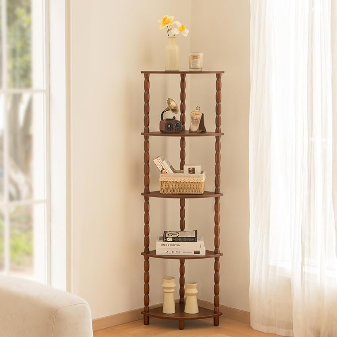 MaxSmeo Corner Shelf, 5-Tier Corner Bookshelf for Small Spaces, Vintage Corner Storage Display Shelves for Bedroom, Bathroom, Kitchen, Living Room (Walnut Brown)
