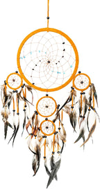 OMA Dream Catcher Wall Hanging - Boho Dream Catcher Wall Decor with Tiger Eye Stones and Feathers - Brown Suede Traditional Design - Perfect Bedroom Decoration and Gift - Large 28"x9" (3 Stone)