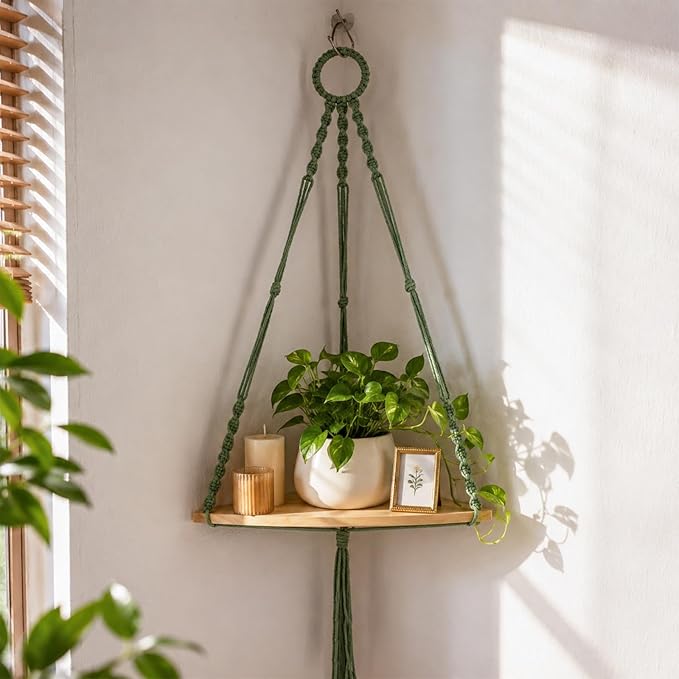 Artilady Macrame Corner Shelf Green Wall Hanging Planter Decor, Adjustable Rustic Floating Shelves Display for Indoor Plants Candle Holder, Bedroom Living Room Boho Wall Art (Sage Green)