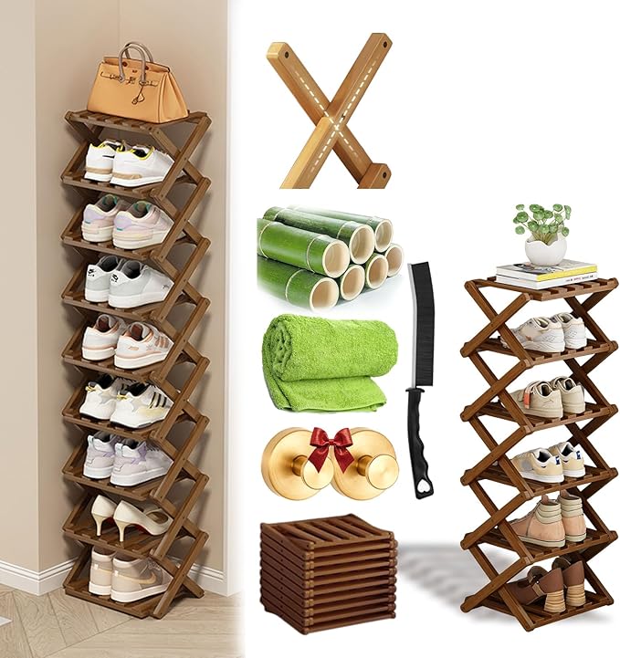 Foldable Shoe Rack, 2-9 Tier No-Tool Assembly Bamboo Organizer with Anti-Wobble X-Design for Small Spaces, Sturdy Vertical Storage Shelf for Entryway, Closet, Apartment & Dorm (Brown,6 Layers)