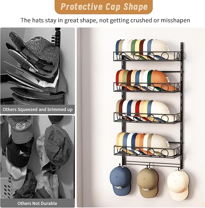 Over Door Hat Organizer 5 Tier Wall Mounted Hat Rack with 4 Adjustable Metal Basket and 3 Hooks Hat Organizer for Baseball caps Hat Hanger Holder Display for Door Closet Cap Organizer Storage