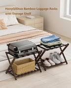 Luggage Racks, Folding Suitcase Stand with Storage Shelf, Bamboo Suitcase Rackwith Unique Magnetic Locking, 2 Pack Assembled Luggage Rack, Luggage Holders Stand for Guest Room, Bedroom, Hotel