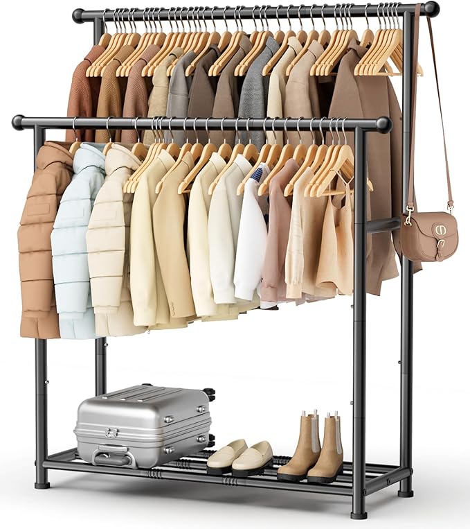 MISSLO Double Rods Garment Rack Heavy Duty Clothing Rack for Hanging Clothes Portable Clothes Organizer for Bedroom, Living Room, Clothing Store (Matte Black)
