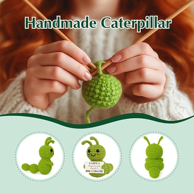 Mini Positive Progress Caterpillar – Motivational Crochet Doll for Kids Teens Adults, Small Encouragement Gifts for Students, Back to School Study Desk Decor, Uplifting Plush Reminder
