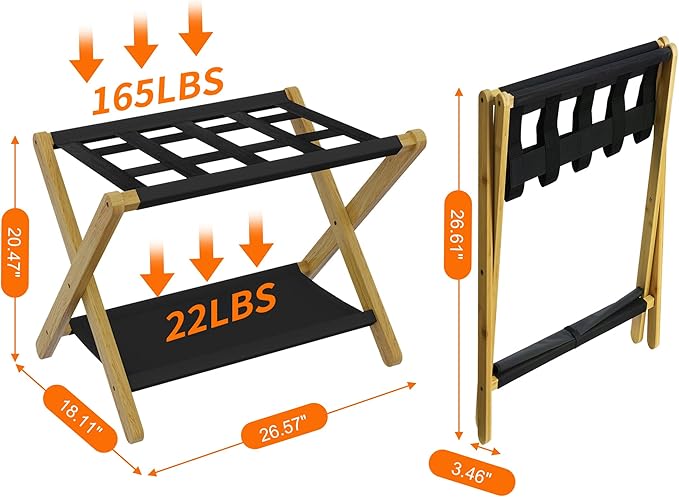 Heybly Luggage Rack, Pack of 2, Folding Suitcase Stand with Storage Shelf, Heavy-Duty Luggage Holder for Guest Room Bedroom Hotel, Holds up to 165 lb,Natural, HLR010N2
