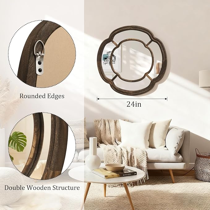 Irregular Wall Mirror, Large Round Wavy Hanging Mirror Circle Wooden Framed Decorative Mirrors 20 Inch for Living Room Hallway Entryway Decor Mirrors