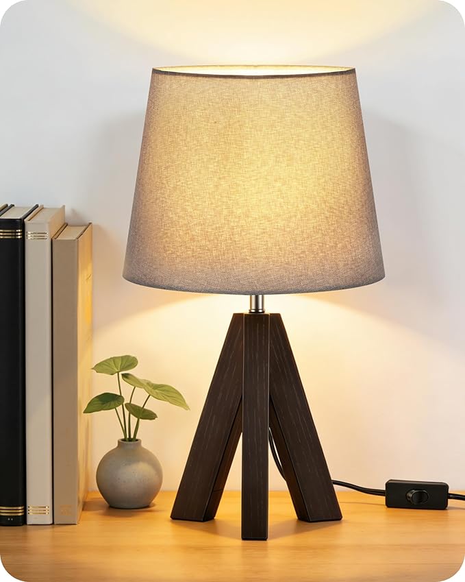 Tripod Table Lamp, 14.6" Small Bedside Lamp, Modern Nightstand Lamp with Gray Shade & Dark Walnut Base, Boho Desk Lamp for Bedroom, Kids Room, Living Room, Study, E26 Socket, VH51TL05