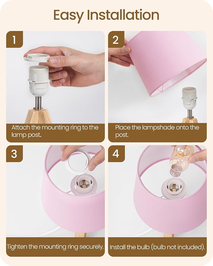 Pink Table Lamp, Small Tripod Table Lamp, Boho Bedside Lamp with Pink Linen Shade & Wood Base, Modern Nightstand Lamps, Little Cute Desk Lamp for Girls Room, Kids Room, Bedroom, P51TL05