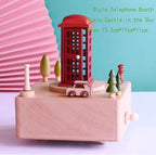 Natural Solid Wood Handcrafted Beech Wooden, Musical FigureTotoro/Carousel/Fairy/Ballerina Figurine,Rotating Hand Crank Mechanism Music Box,Musical Decorations (Telephone Booth)