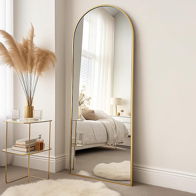 Prywot Arched Floor Mirror, 58 "x 18" Full Length Mirror Wall Mirrors Hanging or Leaning Arched-Top Full Body Mirrors with Stand for Bedroom, Dressing Room, Gold