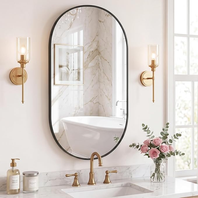 Sweetcrispy 24" x 36" Black Bathroom Mirrors for Wall, Oval Wall Mirror with Metal Frame, Tempered Glass, Modern Vanity Mirror for Over Sink, Living Room, Bedroom, Entryway, Horizontal or Vertical