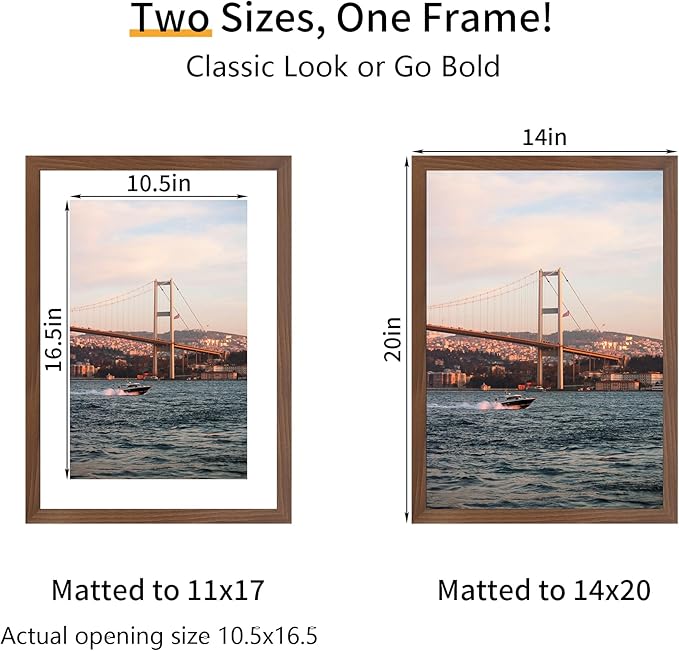 14x20 Picture Frame 3 Pack - Brown Poster Frame Display Pictures 11x17 with Mat or 14 x 20 Without Mat for Wall Hanging Horizontal and Vertical
