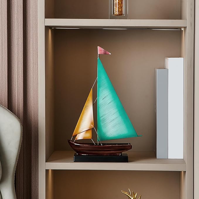 Retro Metal Sailboat Decor, Iron Nautical Sculpture for Home, Vintage Boat Figurine for Living Room Table, Office Desk, Bookshelf, Coastal Style Decoration (Lake Blue & Yellow)