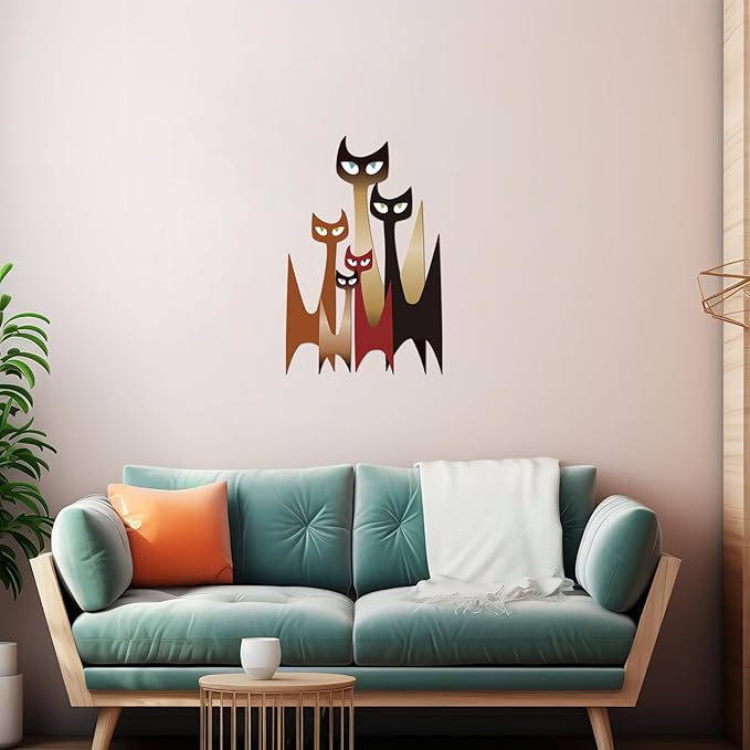 Wesiti Cat Wall Art Decor Iron Wall Sculptures Decor for Cats Lover 10.6 x 15.7 Inches Colorful Mid Century Cat Retro Signs for Home Living Room Bedroom Kitchen Office(Modern)