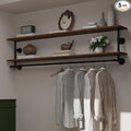 Clothes Rack 55in, 2-Tier Wall Mounted Garment Rack with Real Wood Shelf, Heavy Duty Hanging Clothes Rack, Multi-Purpose Hanging Rod, Space-Saving Closet Storage