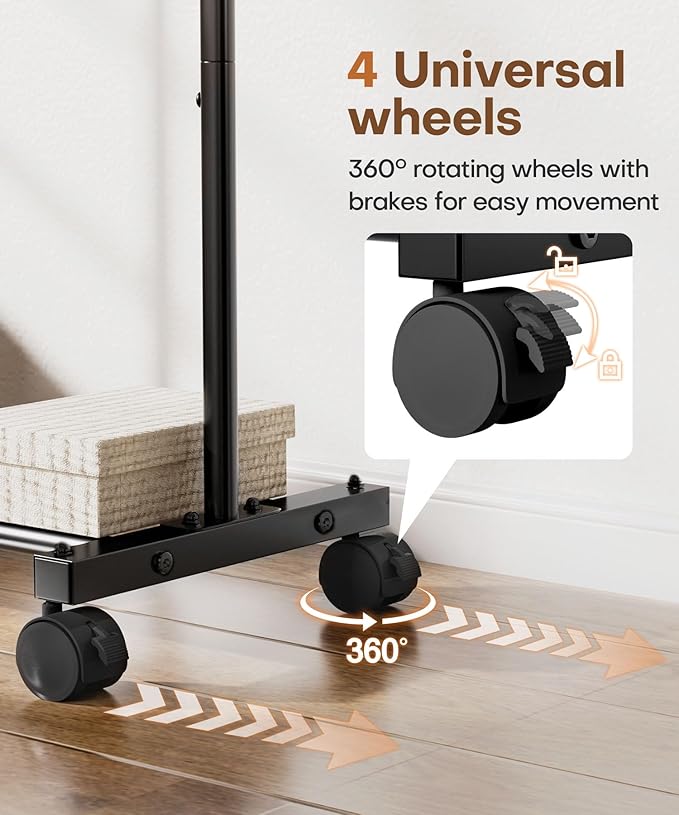 Homde Rolling Clothes Rack with Hooks: Standing Garment Storage for Indoor - Hanging Rod for Bedroom Laundry Room - Coat Dress Organizer on Wheels with luggage shelf (Black, 32")