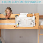 Loghot Bedside Caddy/Bedside Storage Bag Hanging Organizer for Bunk and Hospital Beds,Dorm Rooms Bed Rails,Can be Placed Glasses,Books,Mobile Phones,Keys (White)