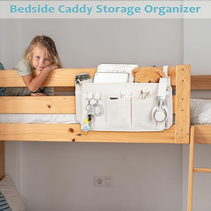 Loghot Bedside Caddy/Bedside Storage Bag Hanging Organizer for Bunk and Hospital Beds,Dorm Rooms Bed Rails,Can be Placed Glasses,Books,Mobile Phones,Keys (White)