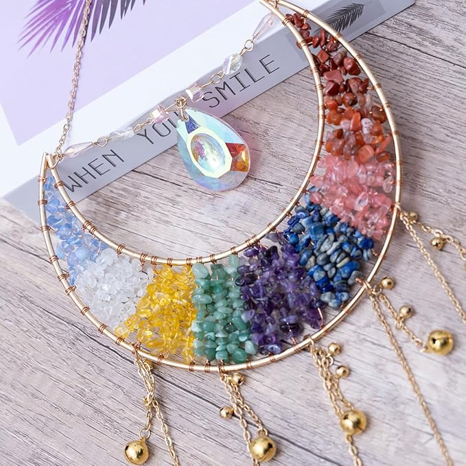 Crystal Stone Agate Ornament Natural Gem Tree of Life Moon Dream Catchers with Crystal 7 Chakra Gemstone Rainbow Catchers Color Natural Gem Agate Wall Hangings Room Dreamcatcher Decor (Multicolor)