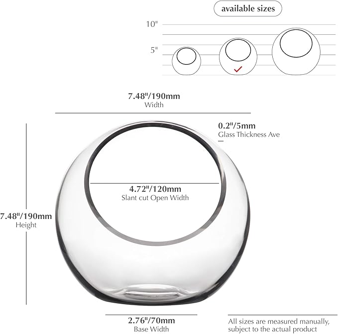 WGV Slant Cut Bowl Glass Vase, Width 7.5", Height 7.5", Clear Round Globe Planter Terrarium Orb, Candy Dish, Fruit Jar, Floral Container for Home Office Decor, 1 Piece