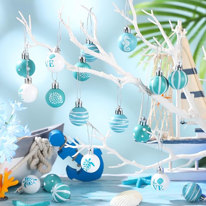 HyDren 40 Pcs Summer Ornaments for Tree 1.2 Inch Mini Beach Ocean Hanging Tree Decorations Seashells Seahorses Turtles Ornaments Balls for Holiday Party Favor Home Decorative Tropical Supplies