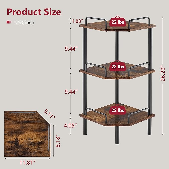 Tajsoon Corner Shelf Stand, 3 Tier Industrial Corner Shelves, Multipurpose Standing Display Shelf, Corner Shelving Unit for Bedroom, Living Room, Office, Kitchen, Rustic Brown
